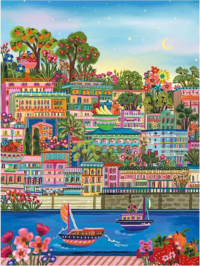 RoseArt - Millie Illustrates - Port De Soller Majorca, Spain - 300 Piece Jigsaw Puzzle, Mediterranean Port Scene