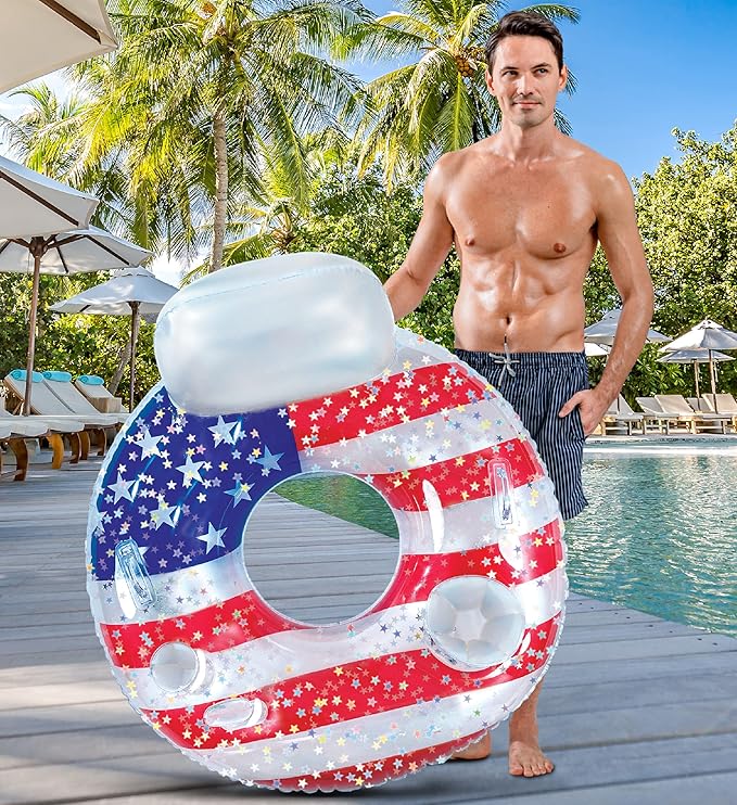 POZA Inflatable USA Pool Float - Luxurious Fun Lounger Filled with Sparkle Silver Stars Confetti, Cool USA Flag Design Water Swimming Pool Floaties for Beach, Lake & Pool