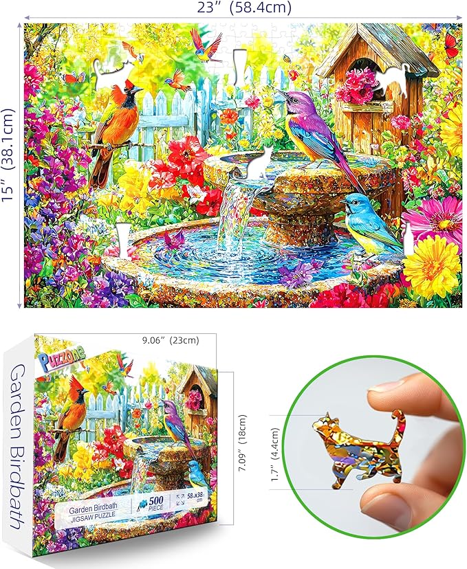 500 Piece Jigsaw Puzzle for Adults Spring Garden Scene with Colorful Birds, Birdhouse & Fountain, Large Piece Relaxing Puzzles Adult Puzzle Gift (23x15 Inch)