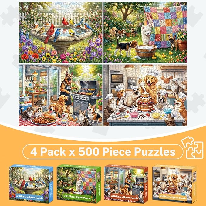 4-Pack 500 Piece Puzzles for Adults, Funny Dogs Cats Birds Flowers Jigsaw Puzzles for Adults 500 Pieces, Fun Challenging Jigsaw Puzzles 500 Pieces for Adults Gift for Family and Friends