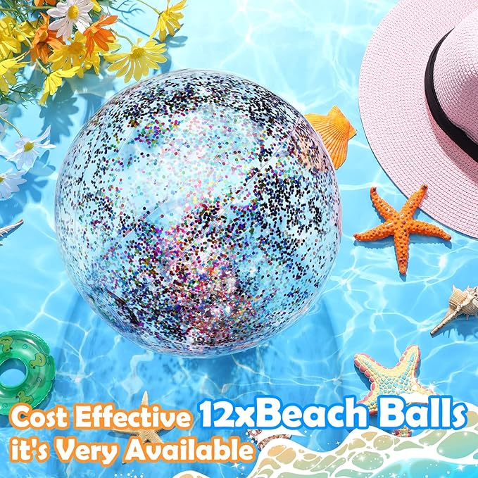 Lewtemi 12 Pcs Inflatable Glitter Beach Balls 16 Inch 24 Inch Shiny Giant Confetti Balls Swimming Pool Beach Blow up Balloon for Outdoor Summer Party Wedding Decor(Multicolored)