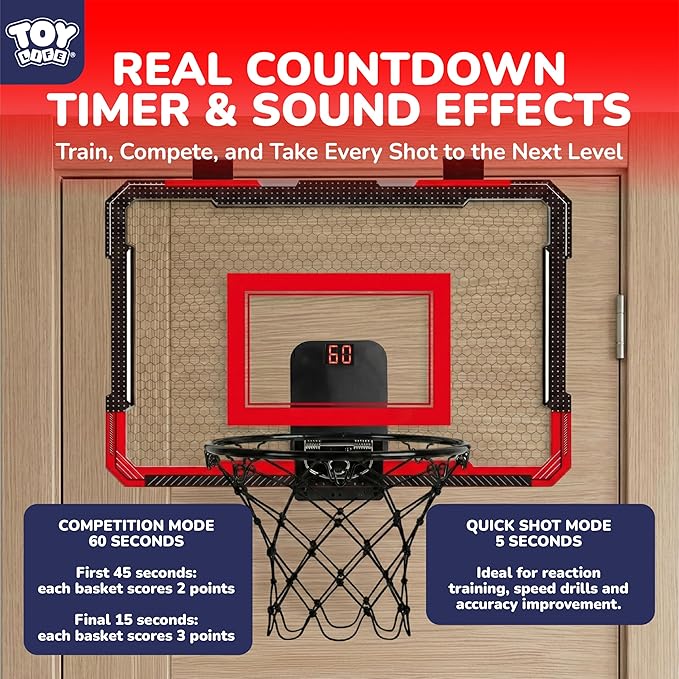 TOY Life Basketball Hoop Over The Door for Kids, Teens, Adults - Indoor Mini Hoop for Room, Office with 4 Balls - Basketball Goal
