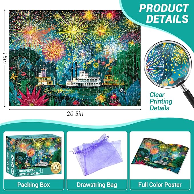 300 Piece Puzzle for Adults, Fireworks Celebration Jigsaw Puzzles, Blossoming Florals and Boats 300 Piece Adult Puzzle with Letters on Back Premium Cardboard Puzzle, Gift for Family, 20.5×15 in