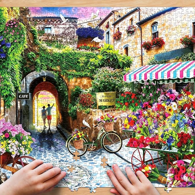 Puzzle for Adults 1000 Pieces, European Mediterranean Flower Village Street Puzzle, Challening Impossible Difficult Hard Fun 1000 Pieces Jigsaw Puzzles for Adults