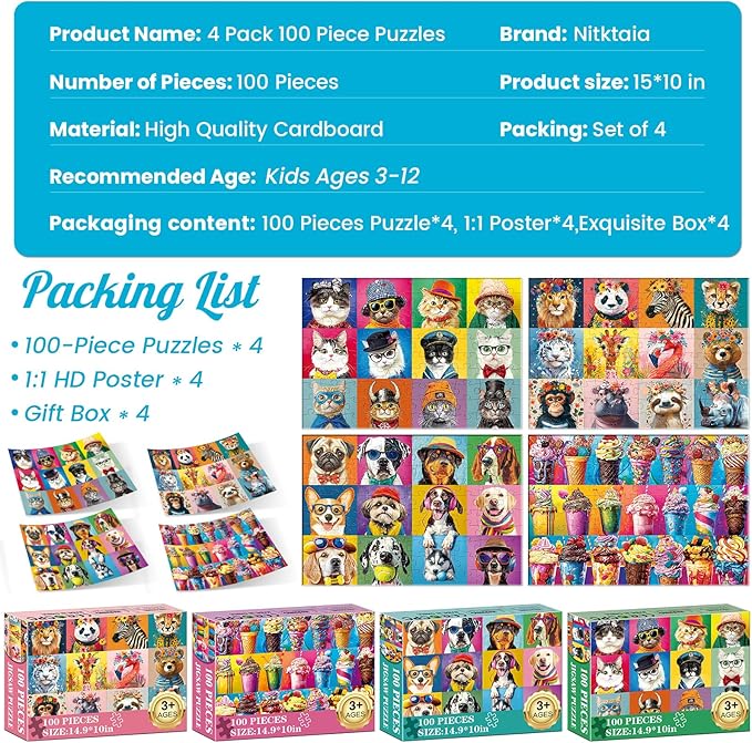 4-Pack 100 Piece Puzzles for Kids Ages 6-8 8-10 - Large Piece Puzzles for Adults Seniors Kids,Dogs Cats Ice Cream Animals Jigsaw Puzzle for Kids Ages 4-6,Learning Educational Toys Gifts for Boys Girls