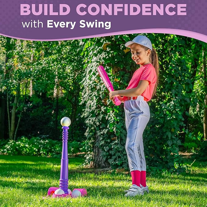 TOMLEON T Ball Stand for Girls 3-5, 5-8. Baseball Set Includes 6 Large Balls, an Adjustable Tball Batting Tee, and a Storage Net. Kids Bat and Ball, T-Ball Sets for Kids