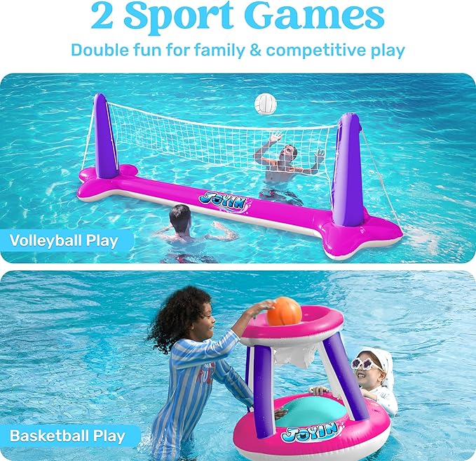 JOYIN Inflatable Pool Float Set Volleyball Net & Basketball Hoops, Floating Swimming Game Toy Floaties for Kids and Adults Volleyball Court (105”x28”x35”)|Basketball (27”x23”x27”),L-Pink Purple