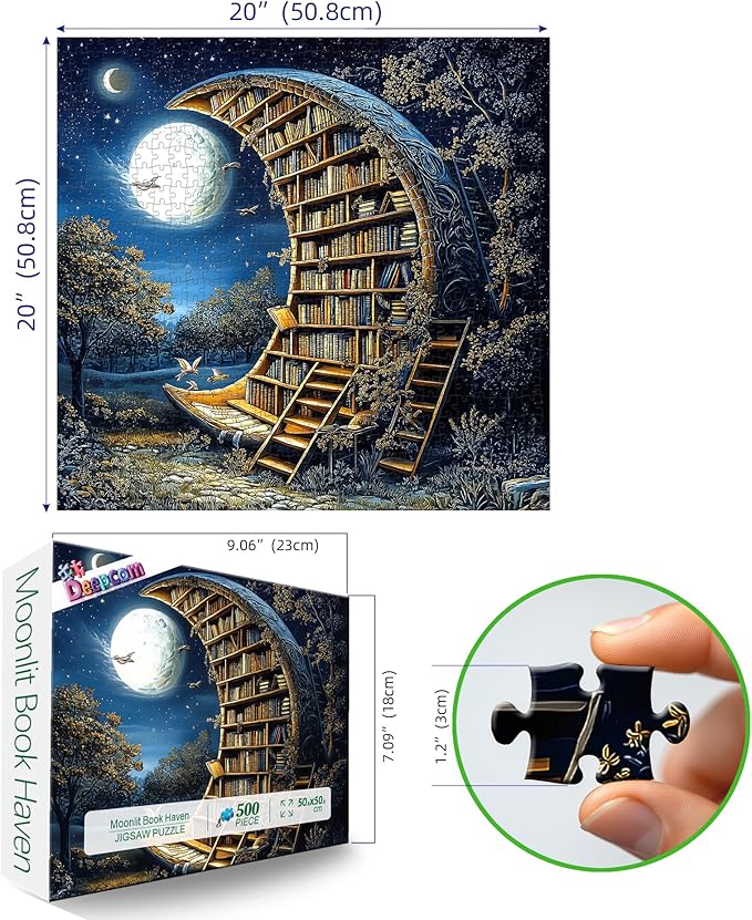 Moonlit Book Haven 500-Piece Adult Jigsaw Puzzle: Enchanted Night Library Fantasy Scene, 20x20 Inches – Mindful Relaxation & Cozy Hobby