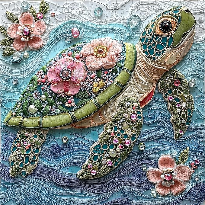 Sea Turtle Puzzles for Adults 500 Pieces, Beautiful Diamonds Flower Sea Animal Jigsaw Puzzle with Letters on Back, Impossible Hard Difficult Art Puzzles, Fun Challenging Embroidery Family Puzzle Game