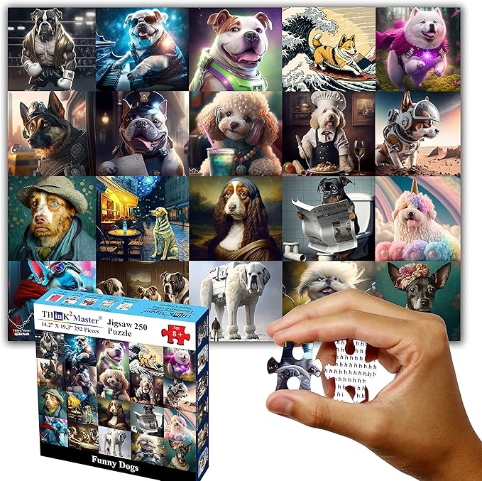 Think2Master Funny Dogs 250 Pieces Jigsaw Puzzle Featuring heartwarming Puppies and Dogs. Puzzle for Adults, Teens & Families. Great Gift. Size: 14.2” X 19.3”