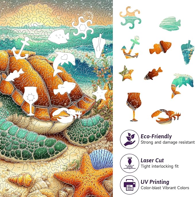 330 Piece Sleepy Sea Turtle Wooden Jigsaw Puzzle for Adults - 13’’ Coastal Beach Scene Puzzle, Unique Animal Shape Wood Cut Puzzles Gift for Ocean & Nature Lovers (Sea Turtle)