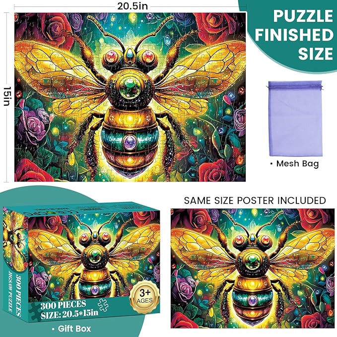 300 Pieces Jigsaw Puzzle for Adults, Bee Jigsaw Puzzles, Recycled Cardboard Puzzle, Coolest Queen Bee Jigsaw Puzzle for Kids Adults Seniors, Great for Family Games, 20.5 * 15 Inch