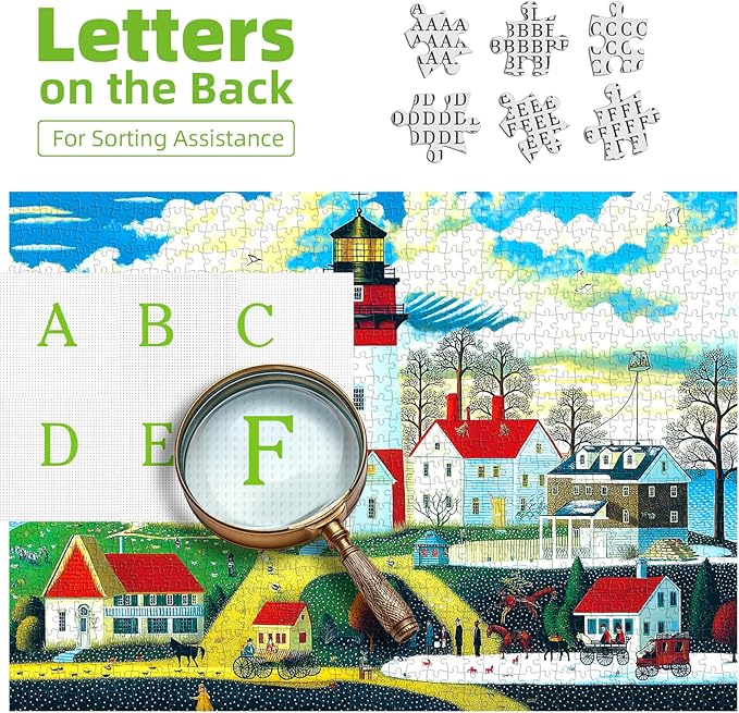 New England Coastal Village Lighthouse Jigsaw Puzzle, 1000 Pieces, Scenic Seaside Art with Horse Carriages, Traditional Folk Art Style