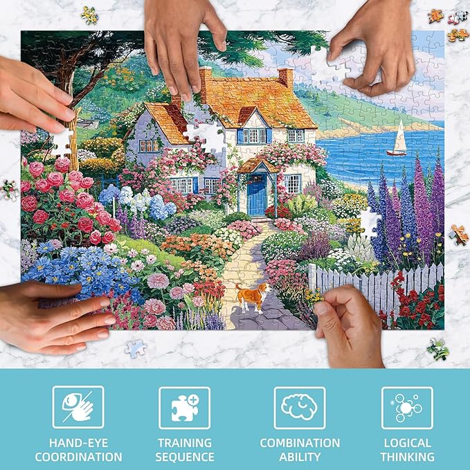Seaside Cottage Garden Puzzle 500 Pieces - Adult Jigsaw Puzzle, Beach Ocean Theme, Premium Quality Home Decor Art