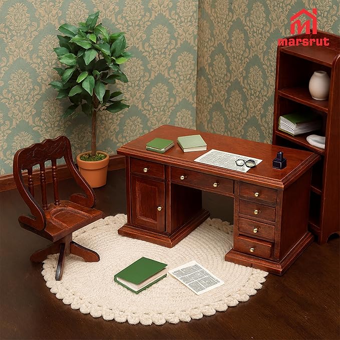 1/12 Scale Wooden Dollhouse Desk and Chair Set, Miniature Office Furniture, Computer Table Accessory, Retro Writing Simulation Doll House Accessories for Photo Props Scene