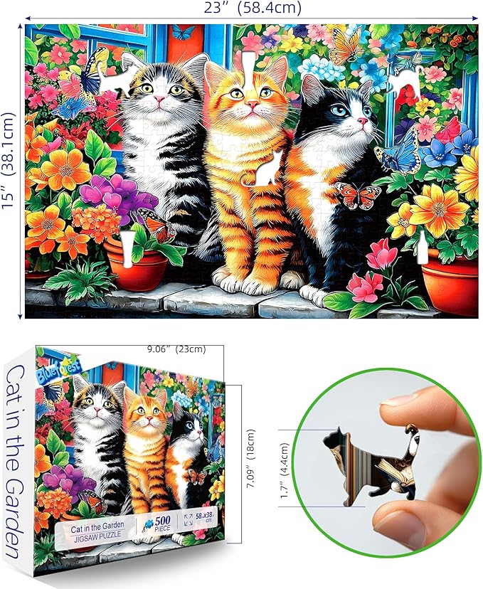 Blueforest Puzzles for Adults 500 Pieces - Cats in Garden with Vibrant Flowers & Butterflies Jigsaw Puzzle, 23x15 Inches Intermediate Challenge