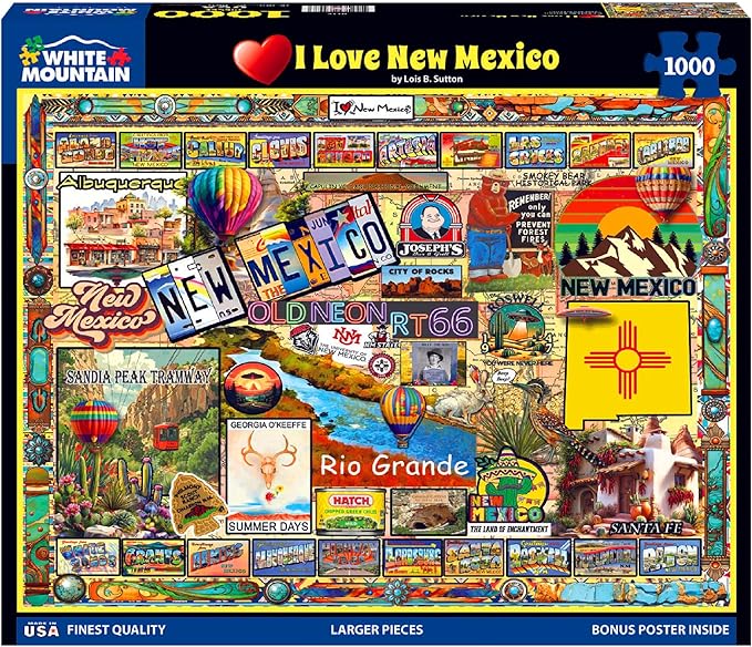 White Mountain 1000 Piece Jigsaw Puzzle Land of Enchantment State Puzzles with Large Pieces, Gift for Adults and Family 24"x30" - I Love New Mexico