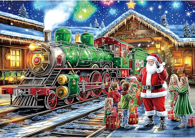 Christmas 1000 Piece Puzzle for Adults, Christmas Train Jigsaw Puzzle Santa & Vintage Train Scene Adults and Teens Family Challenging Perfect for Game Nights (27.5x19.7 in)