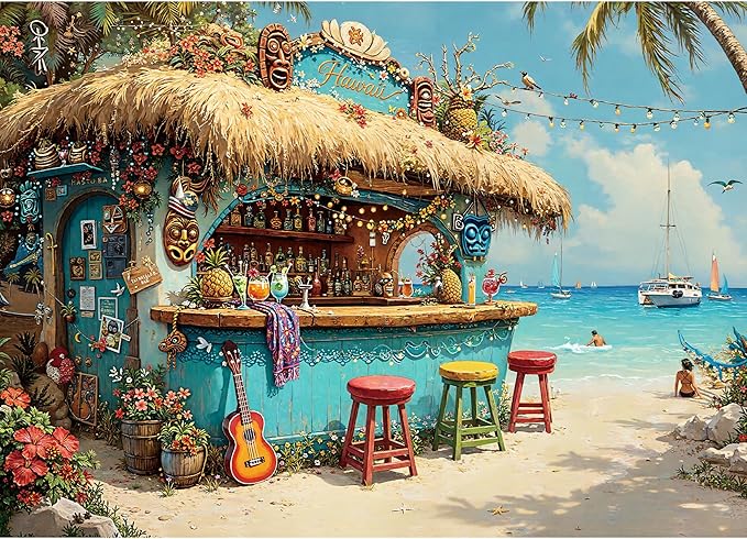 Puzzles for Adults 1000 Pieces, Hawaii Beach Tiki Bar Tropical Ocean Summer, Nature 1000 Piece Puzzle for Adults Seniors, Hard Jigsaw Puzzles with Letters on Back, 1:1 Poster