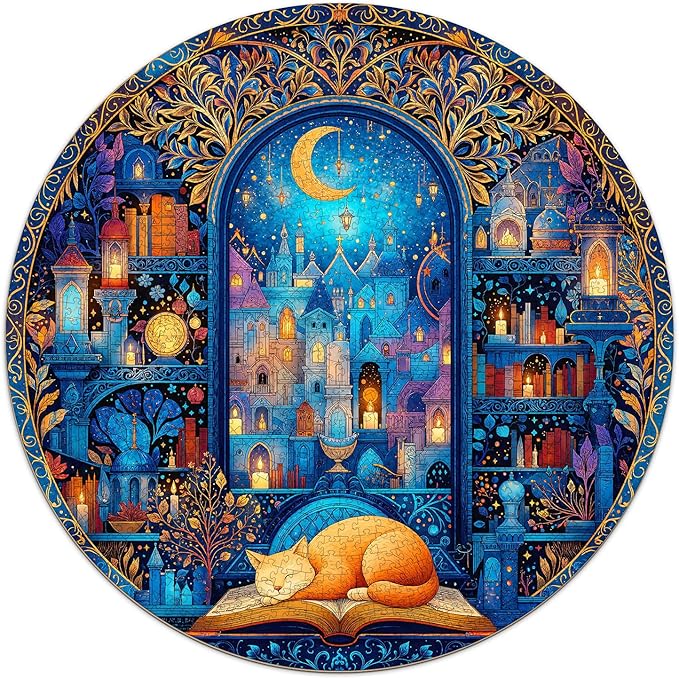 Bookshelf Cat Puzzles for Adults 1000 Pieces, Round Watercolor Jigsaw Puzzles 1000 Pieces, Impossible Difficult Hard Challenging Puzzles for Adults, Art Puzzle for Home Decor (26.5 * 26.5in)