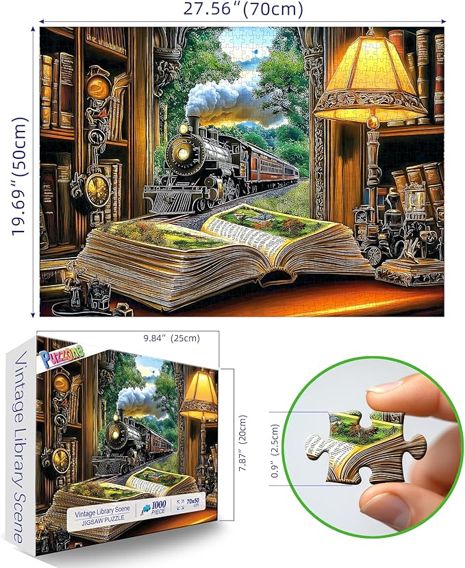 Vintage Train 1000 Piece Jigsaw Puzzle for Adults Fantasy Book Railway Station Night Lamp Whimsical Scene Adult Puzzles 1000 Pieces with Letters on Back Difficult Fun Unique Puzzle Games for Adults