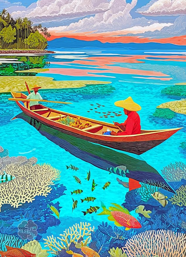 Lucky Puzzles - Tides of The Tropics - 1000 Piece Jigsaw Puzzle for Adults | Colourful Coral Reef & Canoe Scene | Unique Ocean Puzzle | Perfect Brain Teaser Gift for Adults