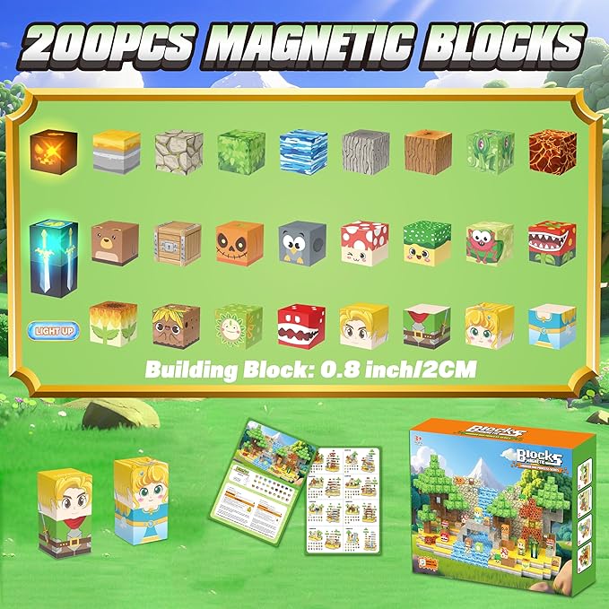 200PCS Magnetic Blocks - Light Up Magnetic Building Blocks Magnet Block Cubes Forest Set, STEM Montessori Sensory Stacking Toys for Kids Boys Girls Ages 3 4 5 6 7 8-12 Holiday Christmas Birthday Gifts
