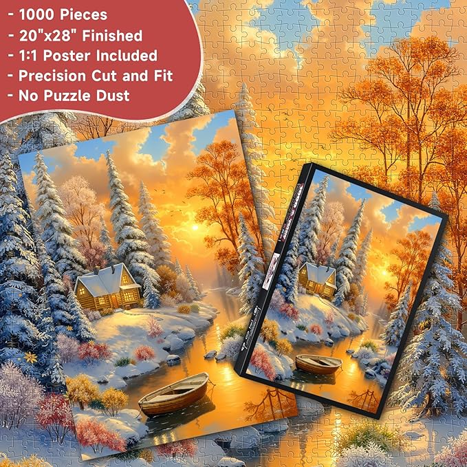 Winter Cabin 1000 Piece Puzzle for Adults - Snowy Forest & River Boat Art, Poster & Lettered Back, 20"x28" HD, Gift for Winter & Nature Lovers