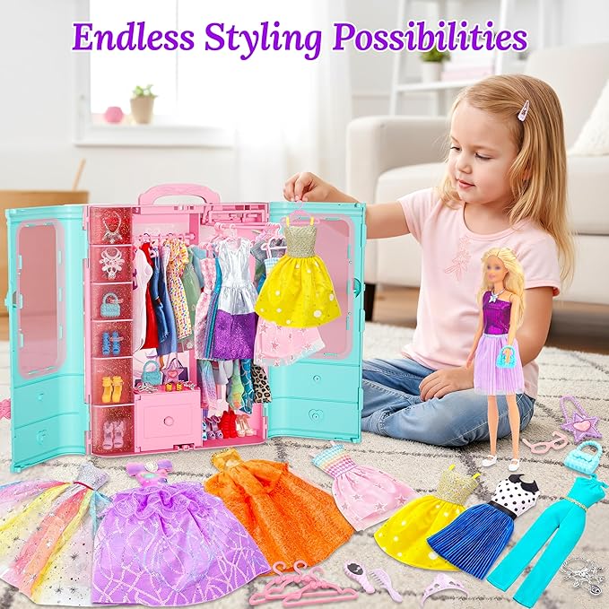 Style Shine 70 Pcs Doll Closet with Clothes & Accessories Including 2 Wedding Gowns 6 Fashion Dresses 2 Casual Outfits 2 Swimsuit 10 Shoes 20 Hangers 27 Accessories,Dress up Toys for Girls Kids Gifts