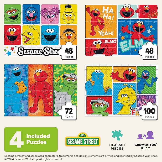 Buffalo Games - Sesame Workshop - 4 X 1 Kids Multipack - Sesame Street - Multiple Jigsaw Puzzles for Kids- Challenging Puzzle Perfect for Game Nights - Finished Size Varies