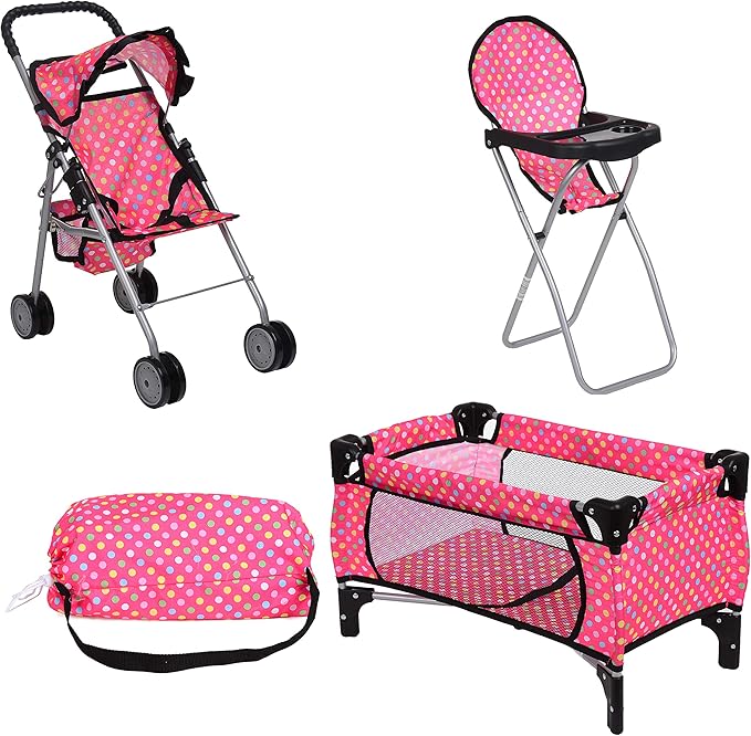 Fash n kolor 3 Piece Baby Doll Play Set – Polka-Dot Design Pack n Play, Foldable Doll Stroller, High Chair – Fits 18 Inch Dolls – Pretend Play Doll Nursery Accessories Set
