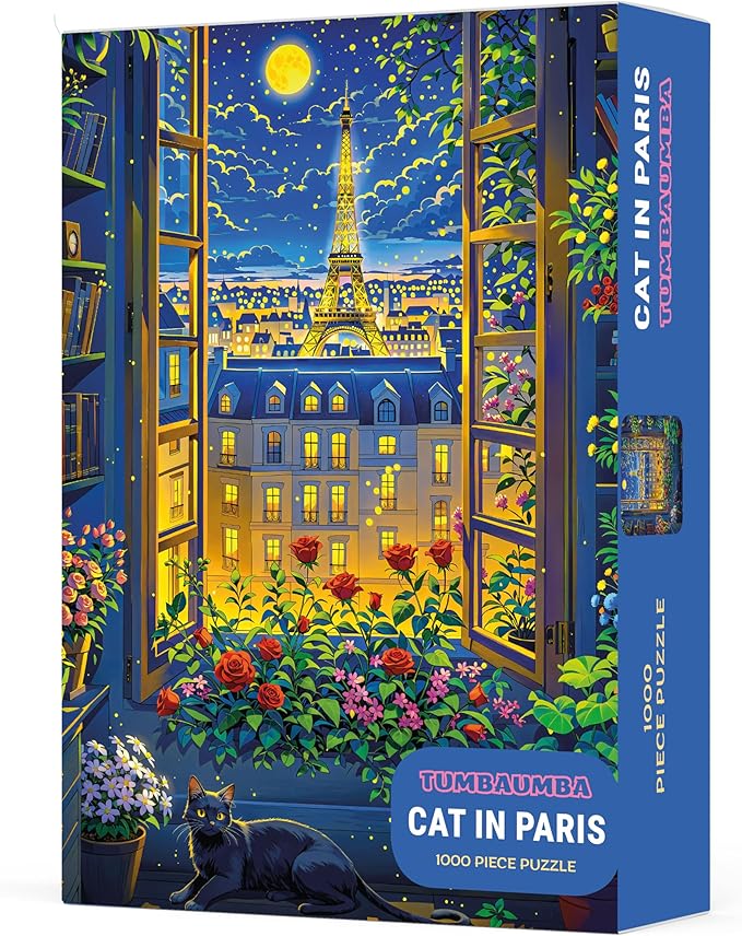 Cat in Paris. TUMBAUMBA, Puzzles for Adults 1000 Pieces, Detailed Art Puzzle, Mate Finish Jigsaw Puzzles, Poster Included, Challenging Atmospheric France Puzzles, Cozy Evening Paris Scene