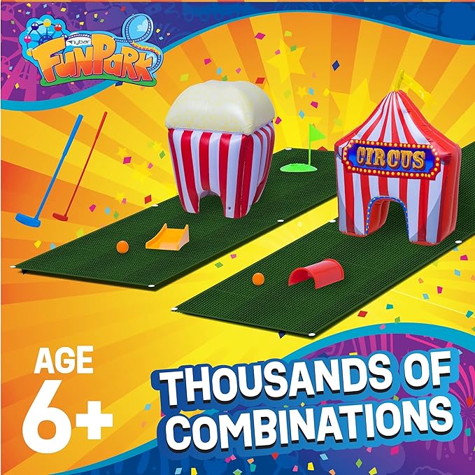 FunPark Inflatable Mini Golf Set – 13-Piece Course with Adjustable Clubs, Balls, Putting Cups, Green Mats and Themed Obstacles for Indoor or Outdoor Play, Active Game for Boys ANG Girls, Ages 6+