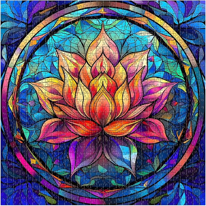 Stained Glass Puzzle for Adults 1000 Pieces, Lotus Flower Puzzles 1000 Pieces Art, Impossible Hard Challenging, Colorful Stained Glass Jigsaw Puzzle Waterlily