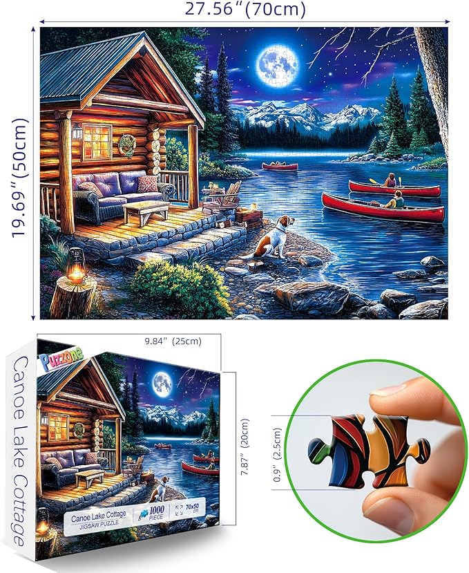 Puzzles for Adults 1000 Pieces, Moonlit Canoe Lake Cottage Landscape Jigsaw Puzzle for 1000 Pieces Perfect for Challenging Game Nights, Finished Size 27.5"x19.7"