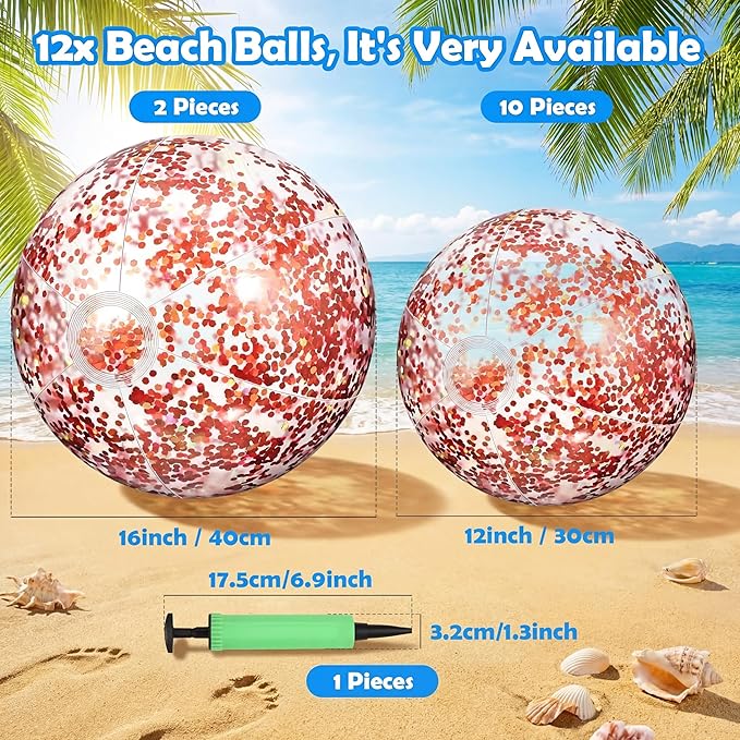 Lewtemi 12 Pcs Inflatable Glitter Beach Balls 16 Inch 24 Inch Shiny Giant Confetti Balls Swimming Pool Beach Blow up Balloon for Outdoor Summer Party Wedding Decor(Rose Gold)