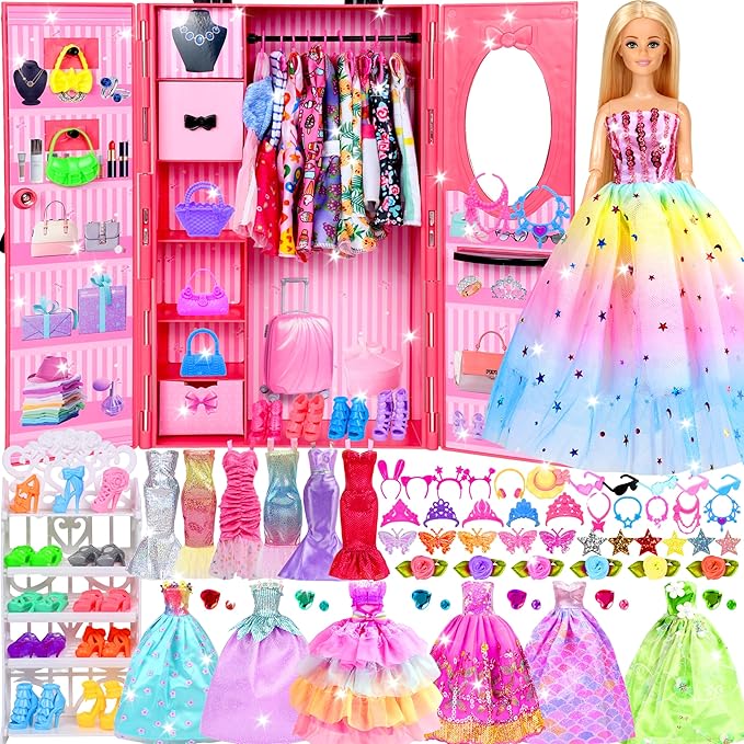 150 Pcs Doll Clothes and Accessories Playset with Dolls for Girls, Princess Gowns, Fashion Dresses, Swimsuits, Tops, Pants, Shoes, Bags Jewelrys in Closet for Doll Dress Up Fit for 11.5" Dolls