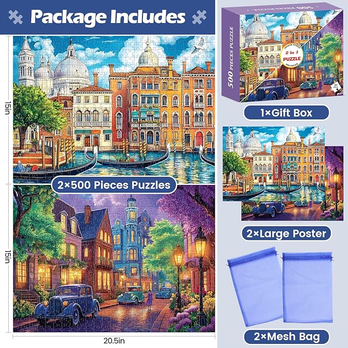 2 Pack 500 Pieces Puzzle for Adults,Venice Building Jigsaw Puzzles 500 Pieces City Night Puzzles for Adult Puzzles No Dust Colorful Premium Cardboard Puzzle Games Family Activity Great Gift