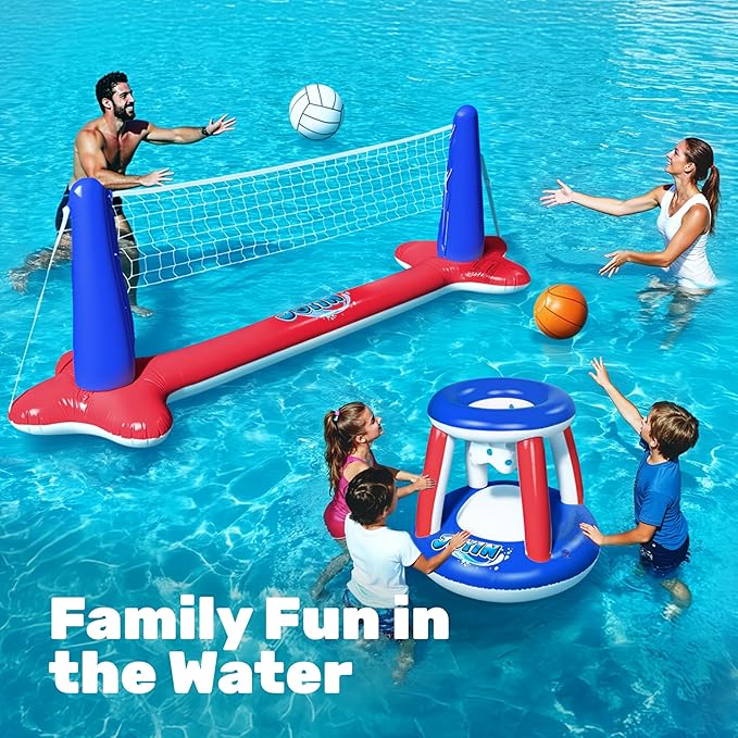 JOYIN Inflatable Pool Float Set Volleyball Net & Basketball Hoops, Balls Included for Kids and Adults Swimming Game Toy, Summer Floaties, Volleyball Court |Basketball,L-Red