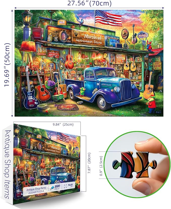 1000 Piece Puzzle for Adults, Vintage Musical Instrument Store Jigsaw Puzzles, Colorful Funny Puzzle, Perfectly Fitting Pieces, Home Decor Birthday Party Gift for Adults Seniors 27.5" x 19.7"