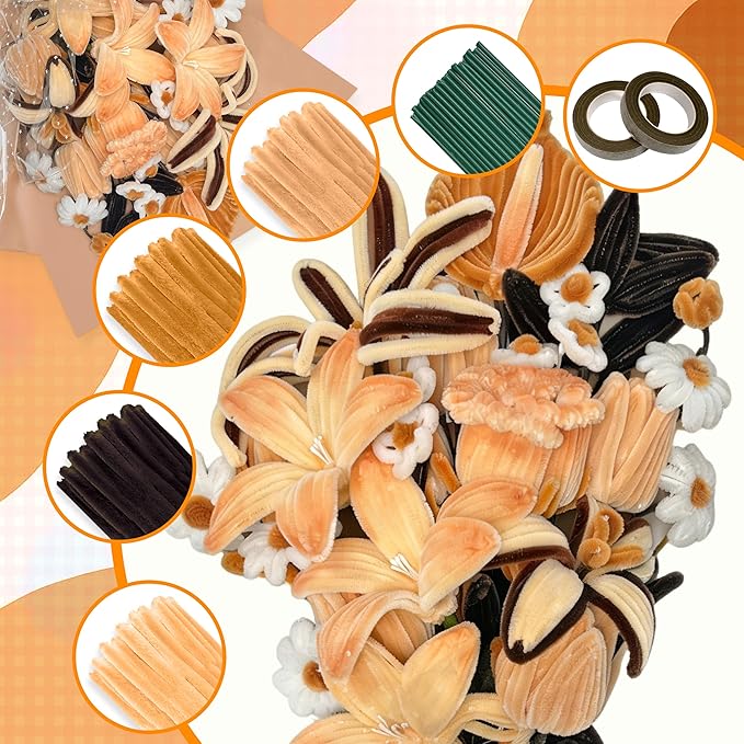 LINAYE 500 PCS Pipe Cleaners Craft, 6 Colors Pipe Cleaners Flowers Kit, Chenille Stems for Crafts with Instruction Wrapping Paper, Flower Stamens, Stems Art and Craft Supplies Brown