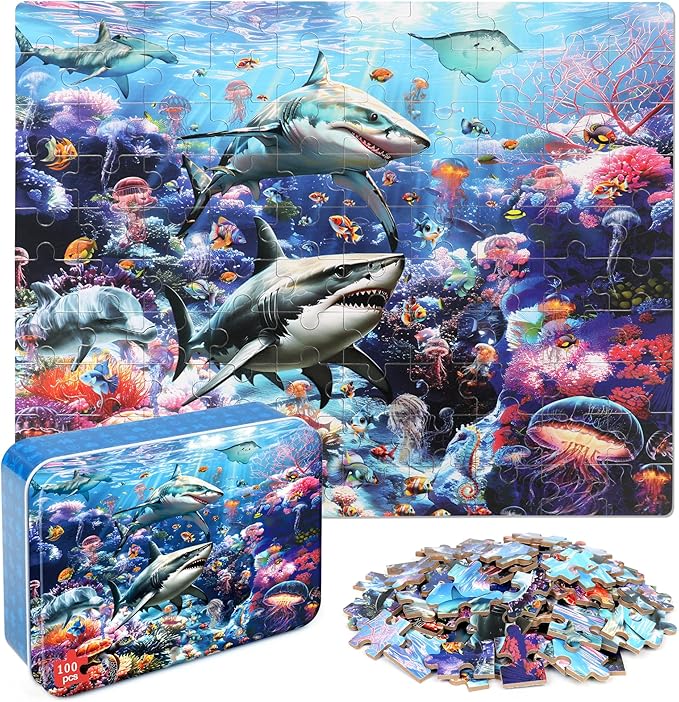 LELEMON Puzzles for Kids Ages 4-6 6-8 8-10 100 Pieces Jigsaw Puzzles for Kids Underwater World Ocean Learning Educational Puzzles Portable Box Pack Toy for Boys and Girls