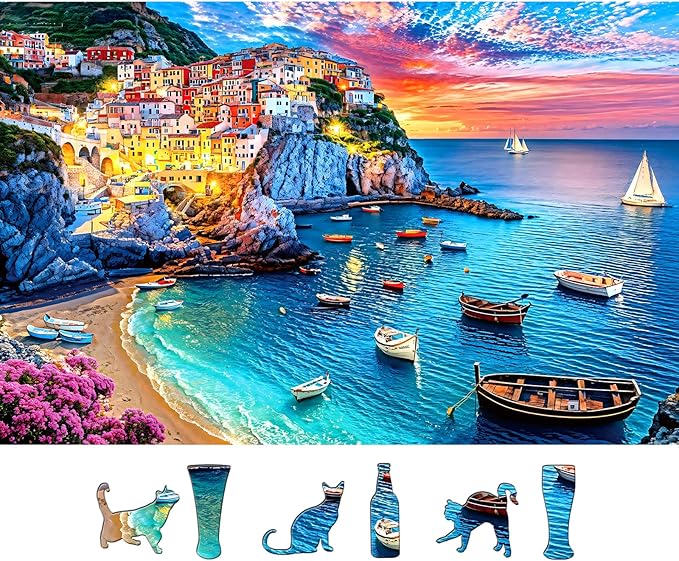 Cinque Terre Coastal Twilight 500 Piece Puzzle for Adults, Fun Puzzles for Adults 500 Pieces with HD Print & Poster, 23 * 15 Inch Dust Free, for Gifts Halloween Christmas Family Lovers