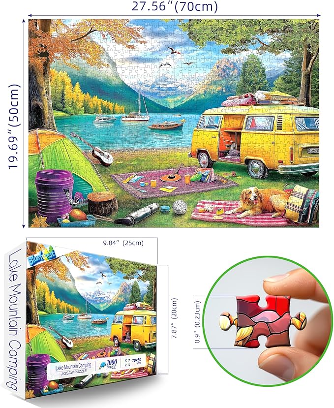 Blueforest 1000 Piece Puzzle for Adults - Scenic Mountain Lake Camping Landscape, 27.5x19.7 Inches Premium Jigsaw Puzzle for Game Nights Relaxation & Home Decor