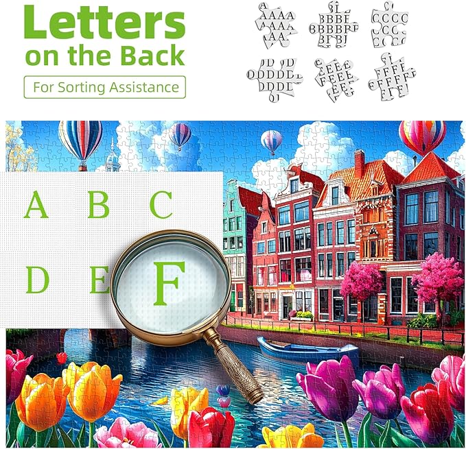 Puzzles for Adults 1000 Pieces, Amsterdam Canals-Tulip Flower, City Buildings Challenging Jigsaw Puzzles for Adults for Family Fun Challenging, Party Game Gifts Decoration, 27.5 x 19.7 inch