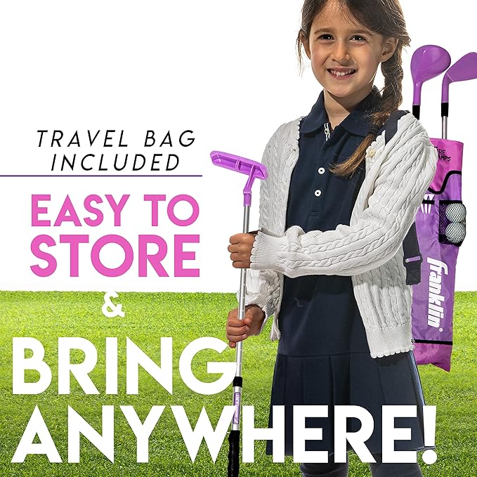 Franklin Sports Kids Golf Set - Youth Adjustable Plastic Golf Club Set - Kids Plastic Golf Set with Bag & Balls - Adjustable Length Clubs for Toddlers - Pink