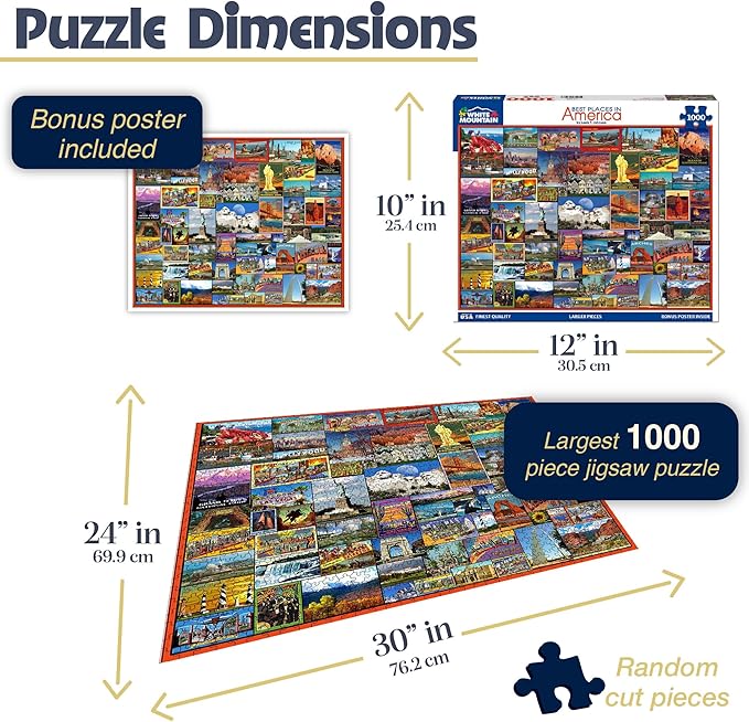 White Mountain 1000 Piece Jigsaw Puzzle Iconic Travel Collage Puzzles with Large Pieces for Adults and Family 24"x30" - Best Places in America