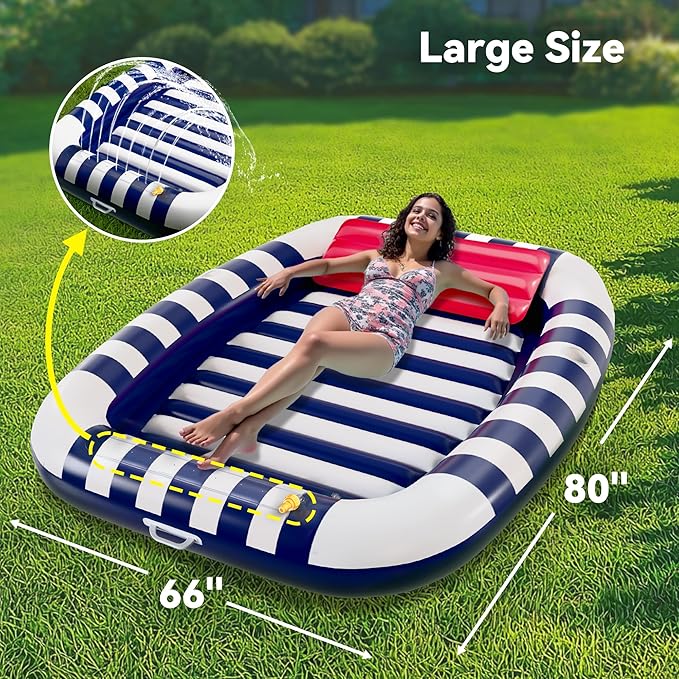 Pool Wave Inflatable Pool Lounger Floats W/Water Sprinkler, 80" x 66" Large Tanning Bed for Adult Kids, Outdoor Sun Bathing Floating Blow up Raft W/Pillow, Summer Beach Lake Family Party Gift - Blue