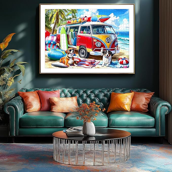 1000 Piece Jigsaw Puzzle for Adults, Summer Beach Van with Dogs Theme, 27.56x19.69 Inches, Stress Relief & Home Decor