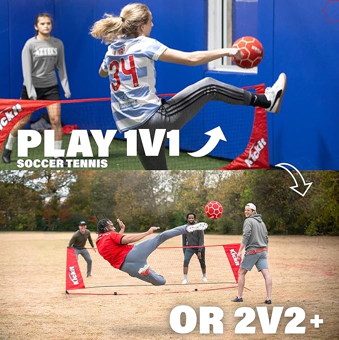 Kickit Soccer Tennis Game Set PRO, Portable 12' Wide x 3' High Net & Soft Lightweight Ball, Play Outdoors, Indoors, Backyard, Beach, Complete Skills Training & Travel Friendly